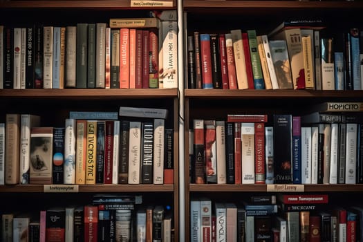 many books on shelf - full-frame view. Neural network generated in may 2023. Not based on any actual person, scene or pattern.