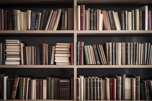 many books on shelf - full-frame view. Neural network generated in may 2023. Not based on any actual person, scene or pattern.