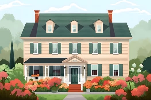 classic two-storey living house with flower garden at sunny summer day - american dream style, neural network generated in may 2023. Digitally generated image. Not based on any actual scene.
