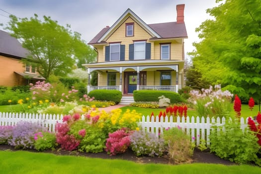 classic two-storey living house with flower garden at sunny summer day - american dream style, neural network generated in may 2023. Digitally generated image. Not based on any actual scene.