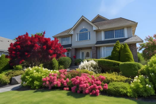 classic two-storey living house with flower garden at sunny summer day - american dream style, neural network generated in may 2023. Digitally generated image. Not based on any actual scene.