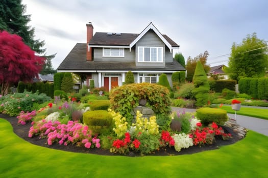 classic two-storey living house with flower garden at sunny summer day - american dream style, neural network generated in may 2023. Not based on any actual scene.