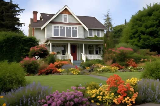 classic two-storey living house with flower garden at sunny summer day - american dream style, neural network generated in may 2023. Not based on any actual scene.