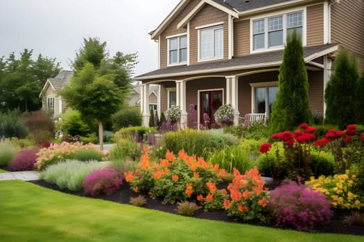 classic house with flower garden at summer day - american dream style. Neural network generated in may 2023. Not based on any actual person, scene or pattern.