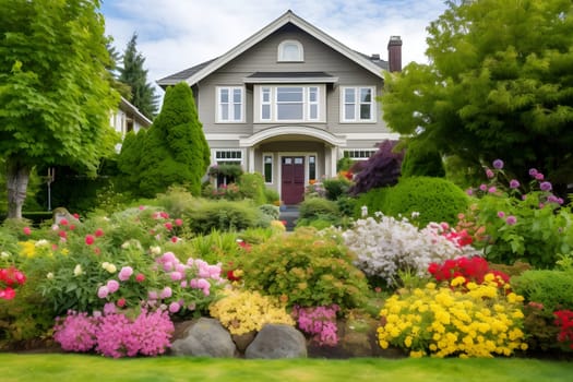 classic house with flower garden at sunny summer day - american dream style. Neural network generated in may 2023. Not based on any actual scene.