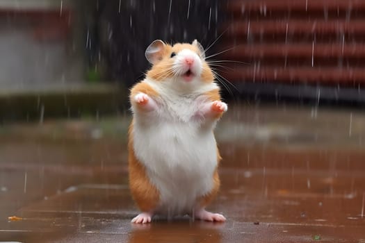 hamster dancing in the rain. Neural network generated in may 2023. Not based on any actual person, scene or pattern.