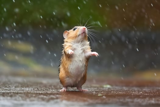 hamster dancing in the rain. Neural network generated in may 2023. Not based on any actual person, scene or pattern.