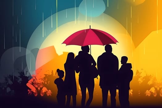 family insurance concept - family covered with large umbrella at rainy weather, neural network generated picture. Digitally generated image. Not based on any actual person, scene or pattern.