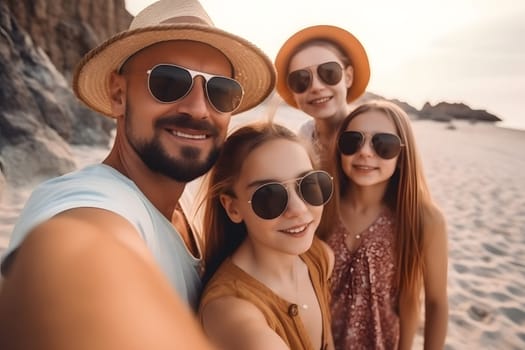 Happy family spending good time at the beach together - selfie style, neural network generated in May 2023. Not based on any actual person, scene or pattern.