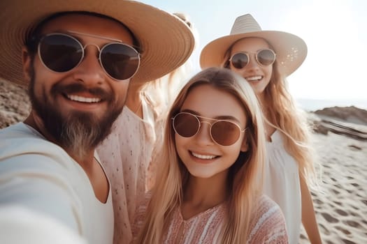 Happy family spending good time at the beach together - selfie style, neural network generated in May 2023. Not based on any actual person, scene or pattern.