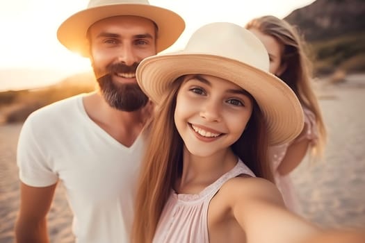 Happy family spending good time at the beach together - selfie style, neural network generated in May 2023. Not based on any actual person, scene or pattern.