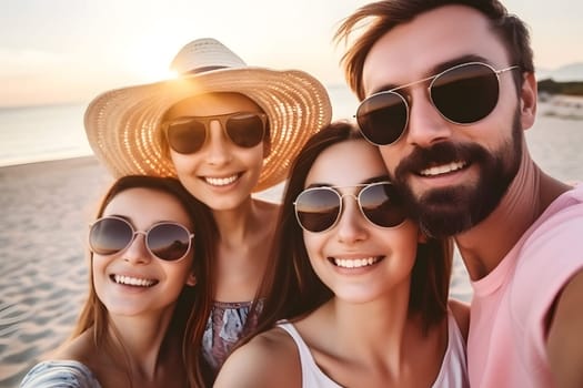 Happy family spending good time at the beach together - selfie style, neural network generated in May 2023. Not based on any actual person, scene or pattern.