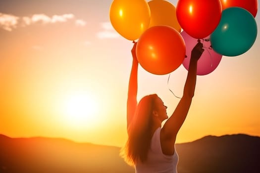 inspirational happy life woman with colored air ballons rising hands in the air, neural network generated picture. Digitally generated image. Not based on any actual person or scene.