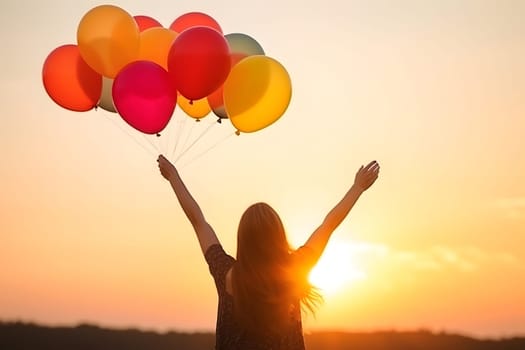 inspirational happy life woman with colored air ballons rising hands in the air, neural network generated picture. Digitally generated image. Not based on any actual person or scene.