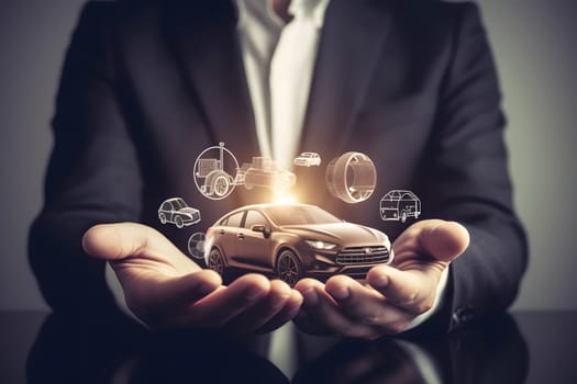 Insurance concept. Businessman with holding car model with flying options icons. Neural network generated picture. Digitally generated image. Not based on any actual person, scene or pattern.