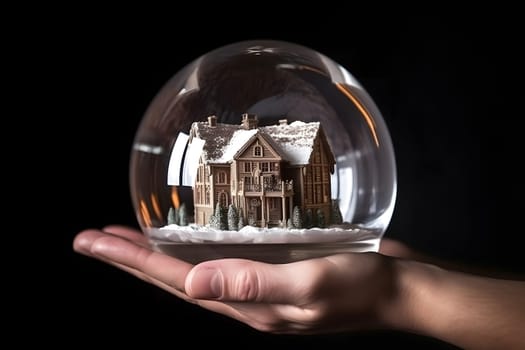 House inside crystal ball miniature on hand insurance concept, neural network generated picture. Neural network generated in may 2023. Not based on any actual person, scene or pattern.