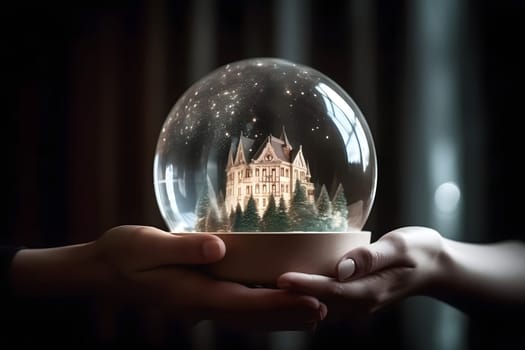 House inside crystal ball miniature on hands insurance concept. Neural network generated in may 2023. Not based on any actual person, scene or pattern.