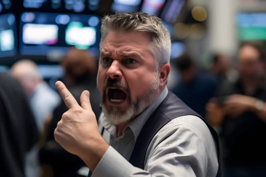 caucasian man yelling with rised hand in stock exchange, neural network generated picture. Digitally generated image. Not based on any actual person, scene or pattern.