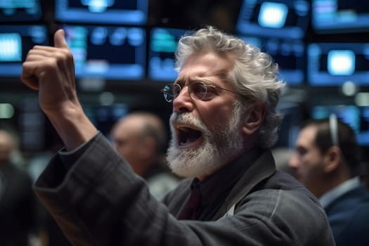 caucasian man yelling with rised hand in stock exchange. Neural network generated in may 2023. Not based on any actual person, scene or pattern.