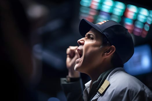 caucasian man yelling with rised hand in stock exchange. Neural network generated in may 2023. Not based on any actual person, scene or pattern.