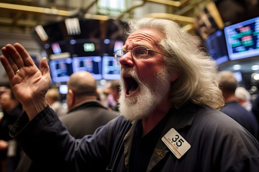caucasian man yelling with rised hand in stock exchange. Neural network generated in may 2023. Not based on any actual person, scene or pattern.