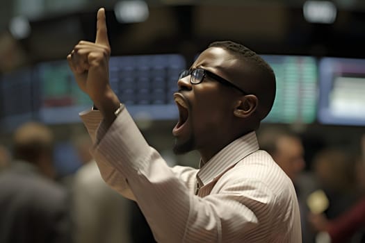 african american man in glasses yelling with rised hand in stock exchange. Neural network generated in may 2023. Not based on any actual person, scene or pattern.