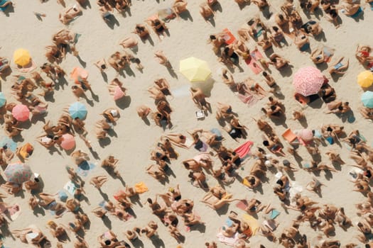 seamless background of aerial view on crowded sand beach, anime style. Neural network generated in may 2023. Not based on any actual person, scene or pattern.