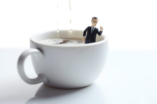 businessman figure taking bath in a cup of coffe. Neural network generated in may 2023. Not based on any actual person, scene or pattern.