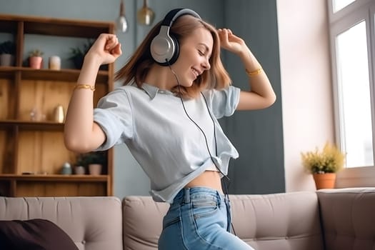 Overjoyed millennial girl wearing wired headphones having fun with music. Neural network generated in may 2023. Not based on any actual person, scene or pattern.