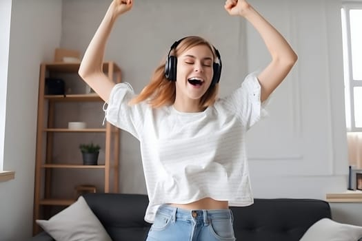 Overjoyed millennial girl wearing headphones having fun with music. Neural network generated in may 2023. Not based on any actual person, scene or pattern.