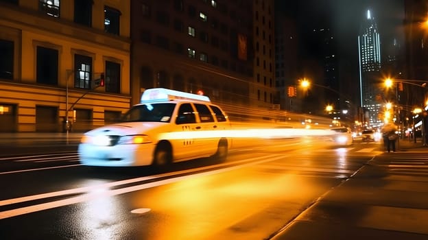 white taxi car moving fast on night american city downtown district with motion blur. Neural network generated in May 2023. Not based on any actual person, scene or pattern.