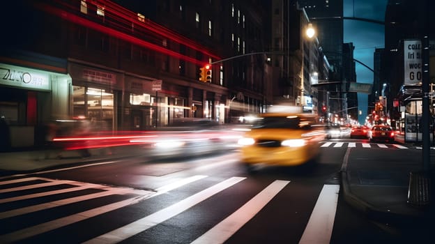 yellow taxi car moving fast on night american city downtown district with motion blur. Neural network generated in May 2023. Not based on any actual person, scene or pattern.
