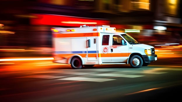 emergency ambulance car moving fast on night american city downtown district with motion blur. Neural network generated in May 2023. Not based on any actual person, scene or pattern.