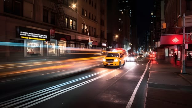 yellow taxi car moving fast on night american city downtown district with motion blur. Neural network generated in May 2023. Not based on any actual person, scene or pattern.