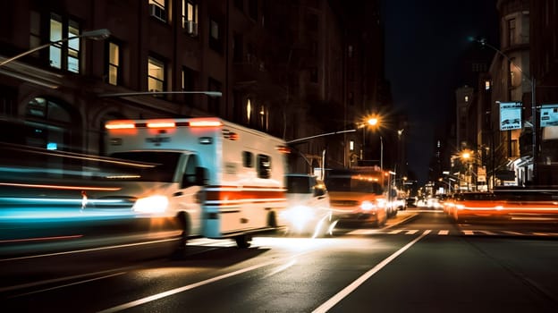 emergency ambulance car moving fast on night american city downtown district with motion blur. Neural network generated in May 2023. Not based on any actual person, scene or pattern.