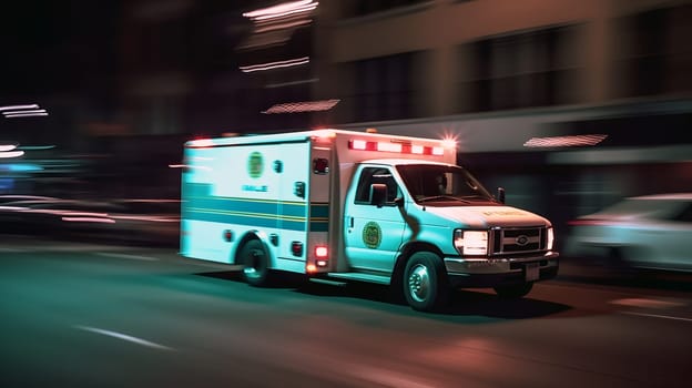 emergency ambulance car moving fast on night american city downtown district with motion blur. Neural network generated in May 2023. Not based on any actual person, scene or pattern.