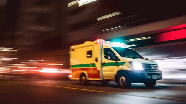 emergency ambulance car moving fast on night american city downtown district with motion blur. Neural network generated in May 2023. Not based on any actual person, scene or pattern.