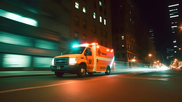 emergency ambulance car moving fast on night american city downtown district with motion blur. Neural network generated in May 2023. Not based on any actual person, scene or pattern.