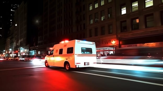 emergency ambulance car moving fast on night american city downtown district with motion blur. Neural network generated in May 2023. Not based on any actual person, scene or pattern.