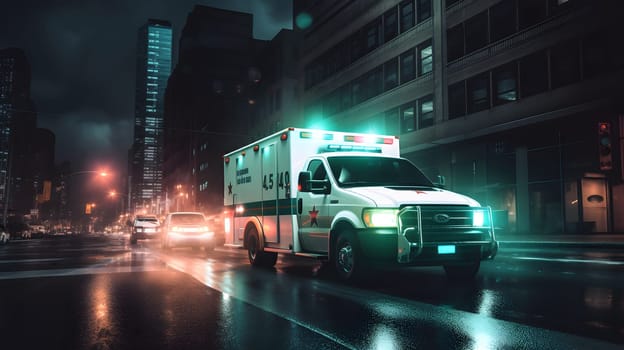 emergency ambulance car moving fast on night american city downtown district with motion blur. Neural network generated in May 2023. Not based on any actual person, scene or pattern.