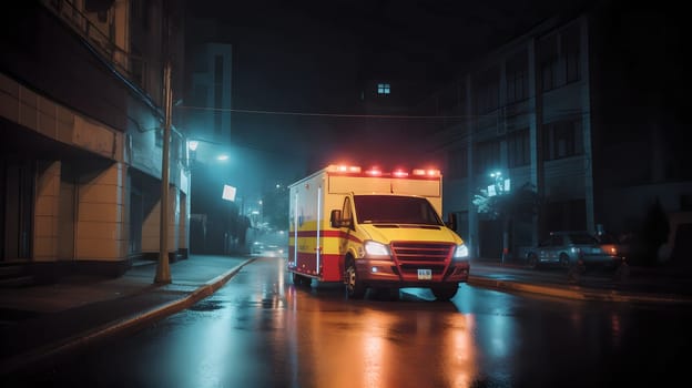 emergency ambulance car moving fast on night american city downtown district with motion blur. Neural network generated in May 2023. Not based on any actual person, scene or pattern.