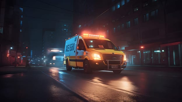 emergency ambulance car moving fast on night american city downtown district with motion blur. Neural network generated in May 2023. Not based on any actual person, scene or pattern.