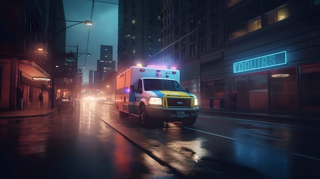 emergency ambulance car moving fast on night american city downtown district with motion blur. Neural network generated in May 2023. Not based on any actual person, scene or pattern.