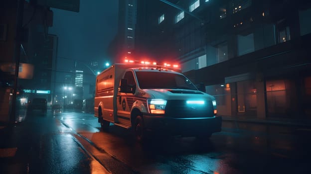 emergency ambulance car moving fast on night american city downtown district with motion blur. Neural network generated in May 2023. Not based on any actual person, scene or pattern.