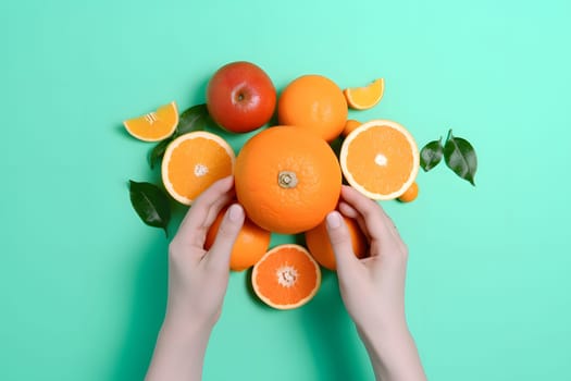 caucasian hands arranging fruits on flat turquoise background, high angle view. Neural network generated in May 2023. Not based on any actual person, scene or pattern.