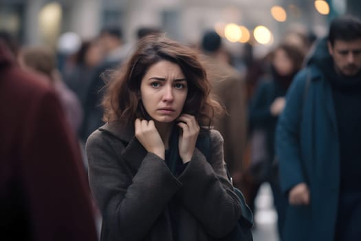caucasian woman experiencing panic attack in public crowded place. Neural network generated in May 2023. Not based on any actual person, scene or pattern.
