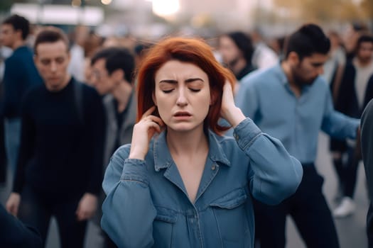caucasian woman experiencing panic attack in public crowded place. Neural network generated in May 2023. Not based on any actual person, scene or pattern.