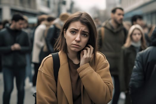 caucasian woman experiencing panic attack in public crowded place. Neural network generated in May 2023. Not based on any actual person, scene or pattern.
