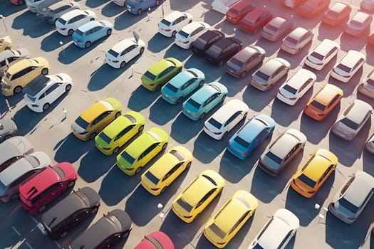 photorealistic high angle aerial view of many colored cars on parking lot at sunny weather. Neural network generated in May 2023. Not based on any actual person, scene or pattern.