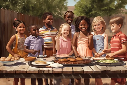 Children at back yard making barbecue and celebrating at sunny day. Neural network generated in May 2023. Not based on any actual person, scene or pattern.